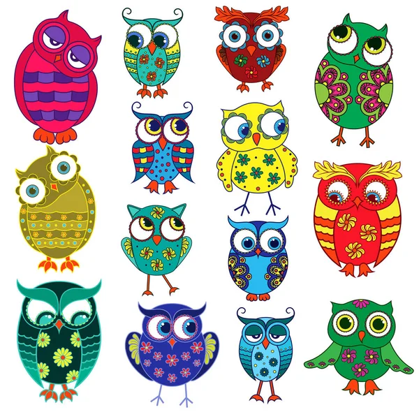 Fourteen cartoon funny owls — Stock Vector