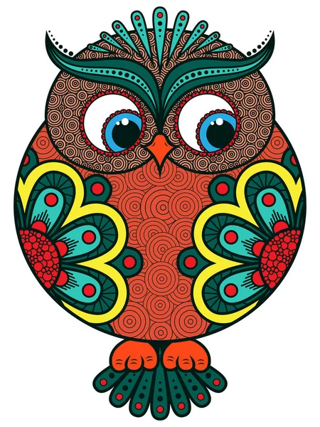 Big colourful ornate rounded owl — Stock Vector