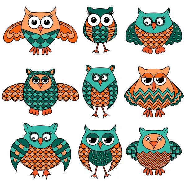 Nine cartoon funny owls — Stock Vector