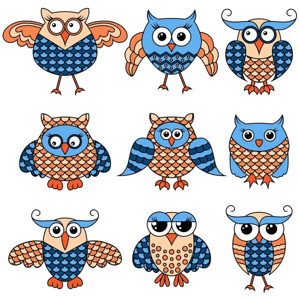 Set of nine cartoon funny owlsv — Stock Vector