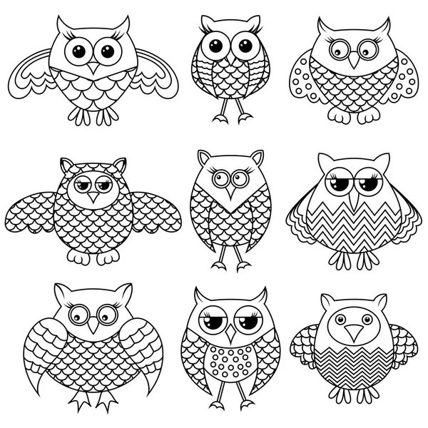 Nine funny cartoon owl outlines — Stock Vector