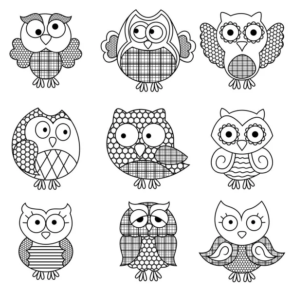 Nine amusing cartoon owl outlines — Stock Vector