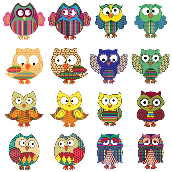 Sixteen cartoon ornate funny owls — Stock Vector