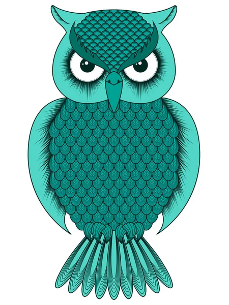 Big turquoise cartoon ornate owl — Stock Vector