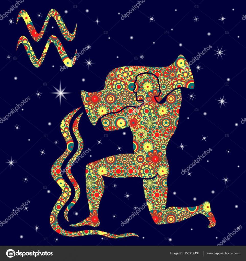 Zodiac sign Aquarius with variegated flowers fill over starry sky Stock