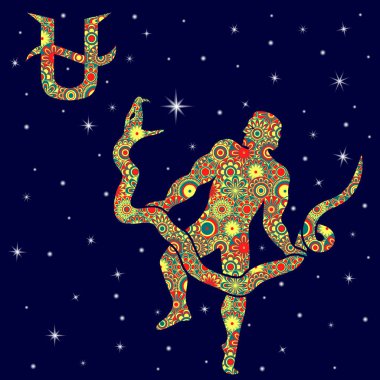 Zodiac sign Aquarius with variegated flowers fill over starry sky clipart