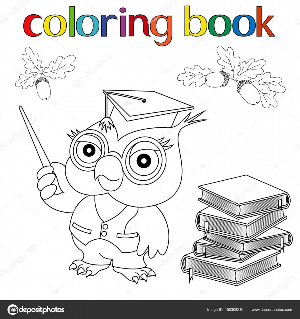 Set di gufo del professore libri e ghiande per libro da colorare — Vettoriale Stock