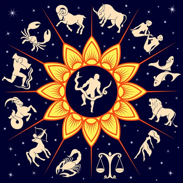 Twelve Zodiac signs around the Sun and Ophiuchus — Stock Vector