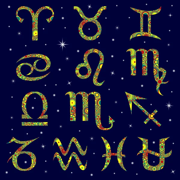 Set of thirteen zodiac signs on the starry sky — Stock Vector