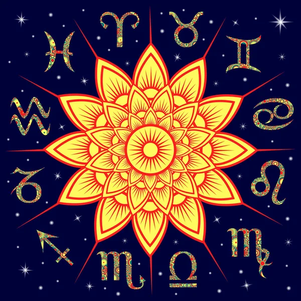 Twelve Zodiac signs around the Sun — Stock Vector