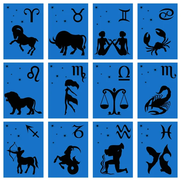 Twelve black silhouettes of Zodiac signs over blue — Stock Vector