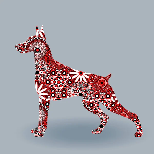 Upozornit psa dobrmana s stylizované květy nad šedá — Stockový vektor