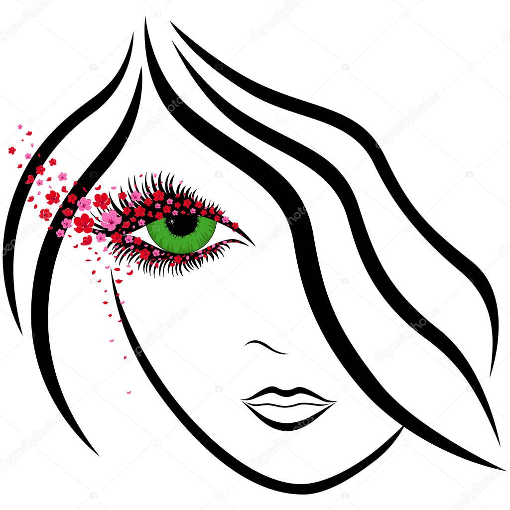 Abstract girl face with green eye and sakura florets