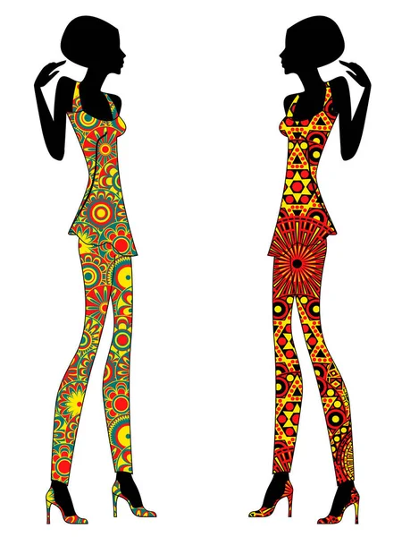 Femmes élégantes fines en robes courtes ornées — Image vectorielle
