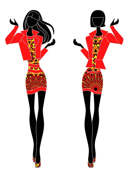 Slim stylish ladies in short ornate dresses — Stock Vector