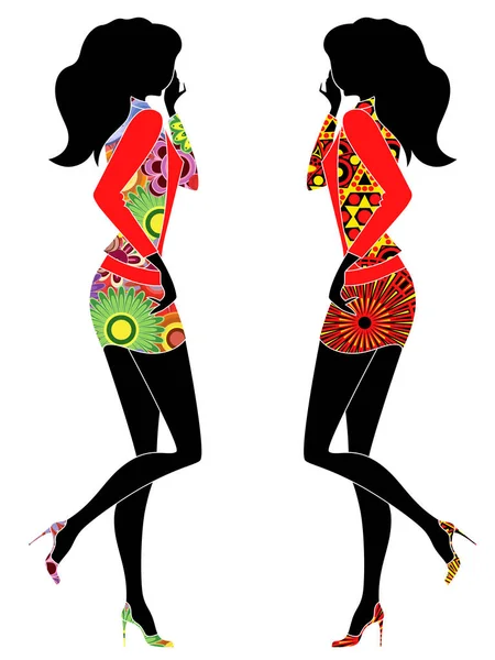 Abstrait stylisé mince femmes dans des robes ornées — Image vectorielle