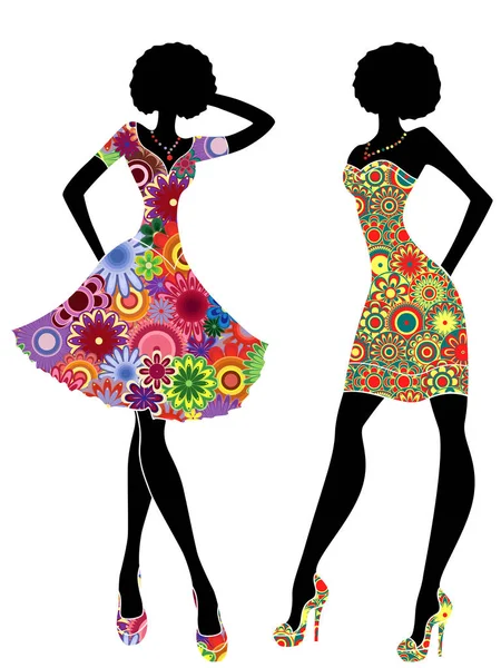 Slim femmes élégantes en robes courtes colorées ornées — Image vectorielle