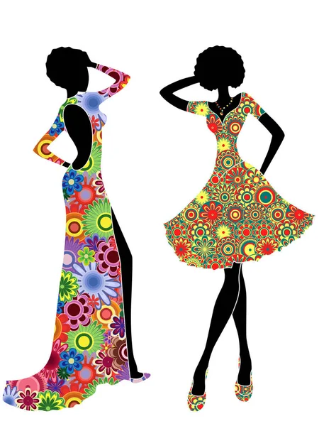 Mujeres delgadas y elegantes en vestidos étnicos ornamentados — Vector de stock