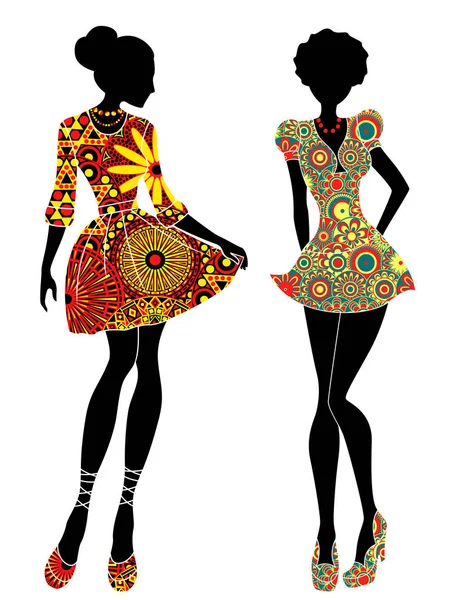 Slim filles élégantes en robes courtes colorées ornées — Image vectorielle