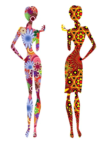 Due donne etniche snelle stilizzate — Vettoriale Stock