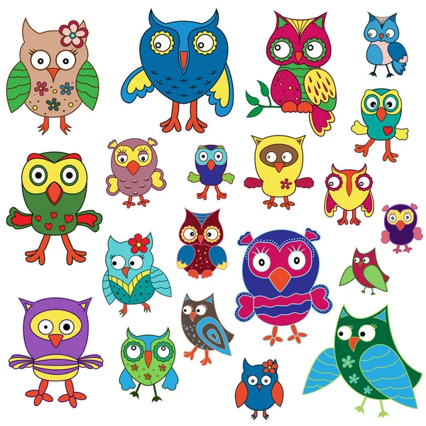 Set of twenty amusing colorful owls — Stock Vector