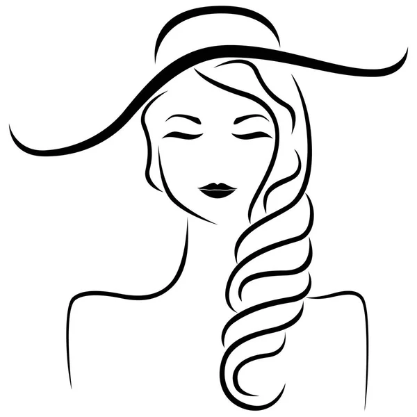 Astratto bella sognante giovane donna in cappello e con gli occhi chiusi ritratto stilizzato, contorno vettoriale nero — Vettoriale Stock