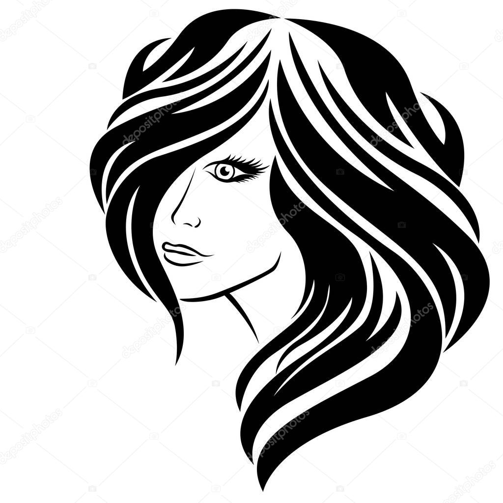 Abstract stylized women half turn portrait with long hair, vector illustration isolated on the white background