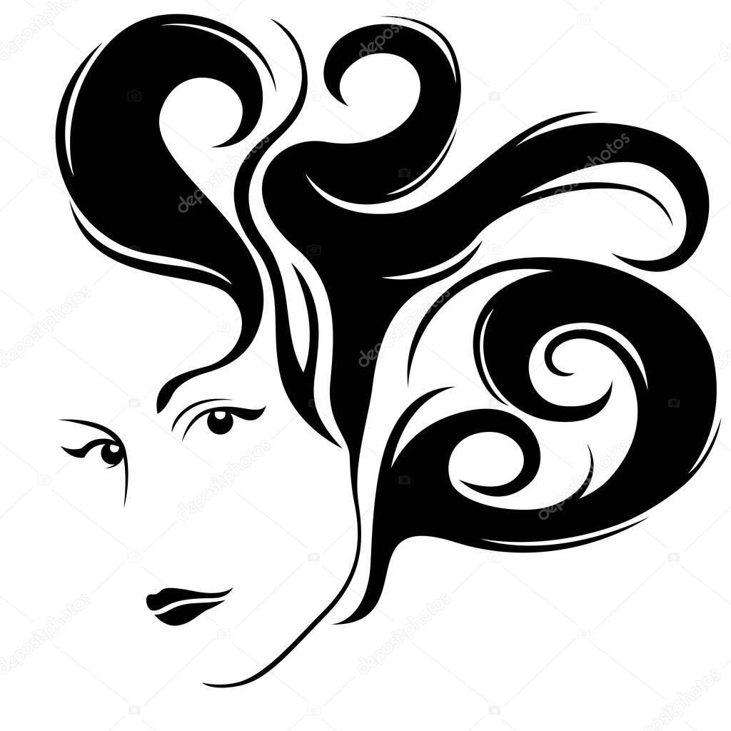 Abstract attractive glamour young women half turn portrait with stylish hair, vector illustration isolated on the white background