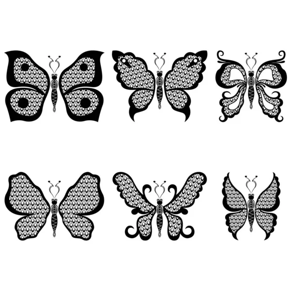 Set of six decorative black butterflies — Stock Vector