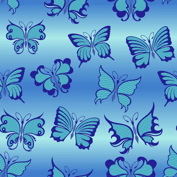 Modèle sans couture avec des papillons dans les tons bleus — Image vectorielle