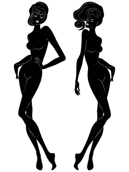 Dua siluet wanita abstrak sensual dengan mata tertutup - Stok Vektor