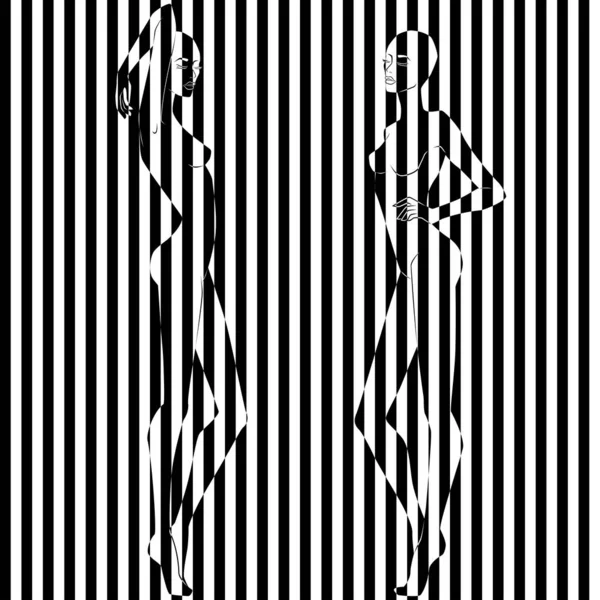 Иллюстрация разделена на черно-белые полосы с двумя женщинами — стоковый вектор