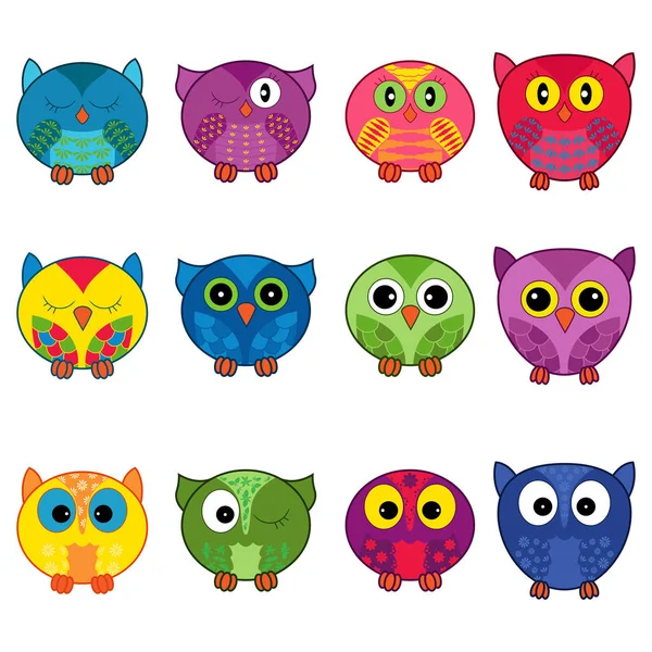 Set of twelve funny owls in oval shapes — Stock Vector