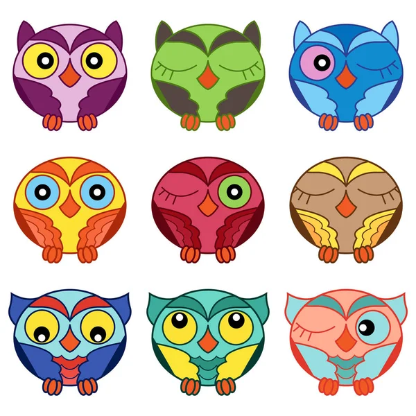 Set of nine cartoon oval owls — Stock Vector