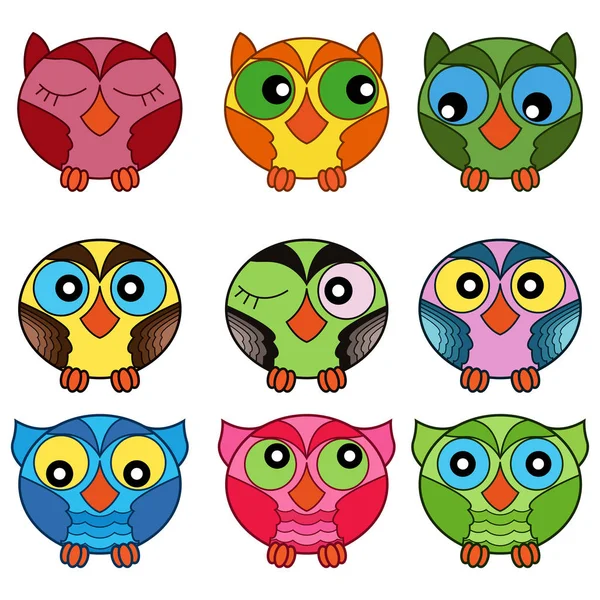 Set of nine funny oval owls in various colors — 스톡 벡터