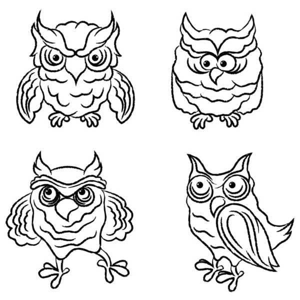 Set of four amusing owls outlines — Stock Vector