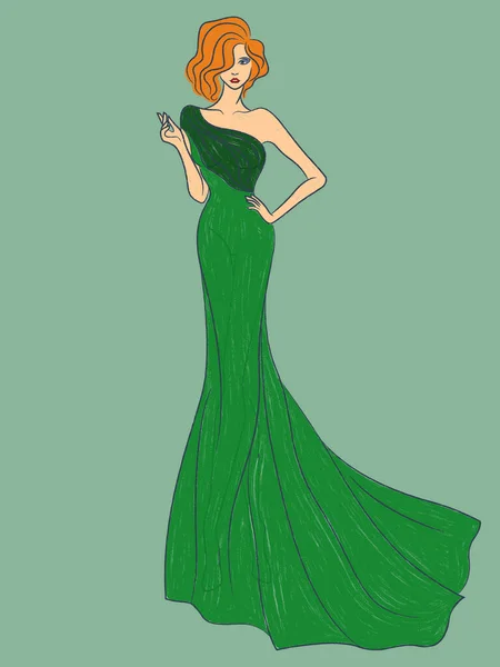Αισθησιακή γυναίκα σε πράσινο φόρεμα βράδυ — Διανυσματικό Αρχείο