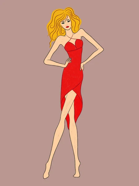 Señora elegante en vestido rojo estilo — Vector de stock