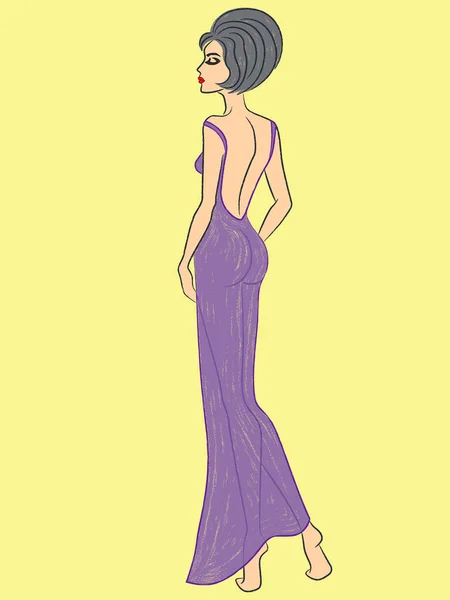 Señora sensual en vestido violeta de noche — Vector de stock