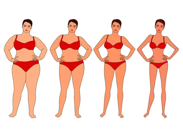 Four Stages Woman Way Lose Weight Red Swimwear Illustration Isolated — Stock Vector