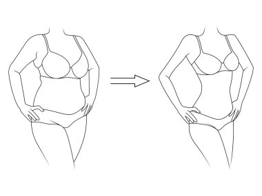 Kilo vermeye giden siyah kadın çizgisi beyaz arka planda izole edilmiş.