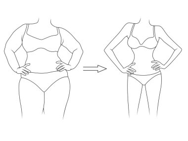 Kilo vermeye giden siyah hatlı bir kadın. Beyaz arka planda izole edilmiş.