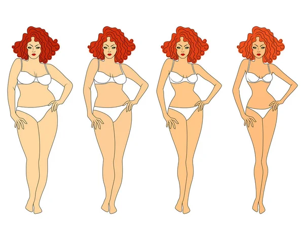 Four Stages Elegant Lady Way Lose Weight Red Swimwear Illustration — Stock Vector