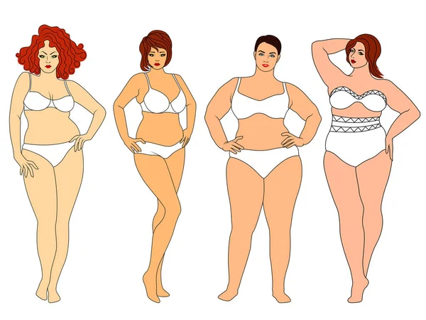 Quatre Charmantes Grosses Femmes Sous Vêtements Isolées Sur Fond Blanc — Image vectorielle