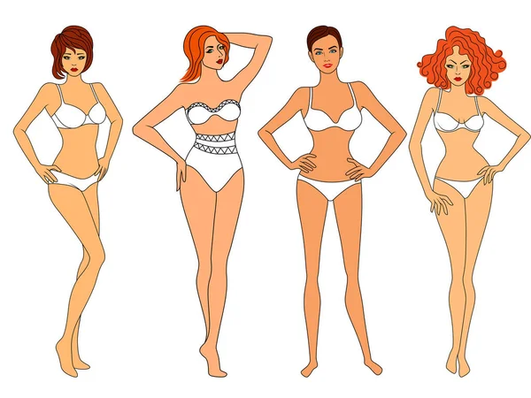 Four Charming Slim Women Underwear Isolated White Background Advertisement Lingerie — ストックベクタ