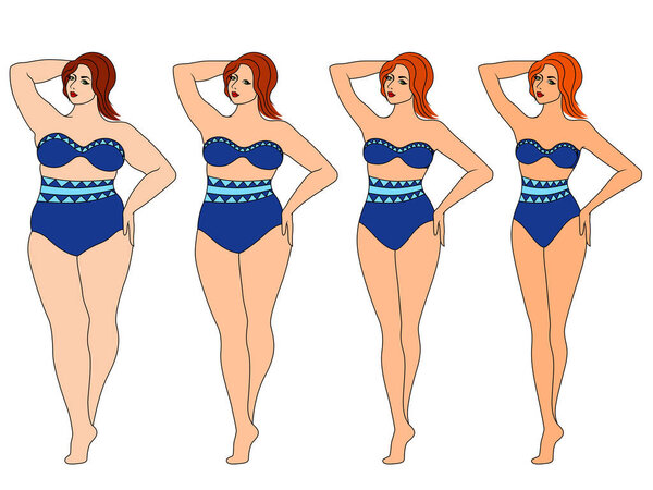 Четыре этапа элегантной леди на пути к похудению в голубых купальниках, иллюстрация изолирована на белом фоне
