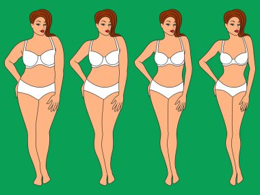 Dört aşamalı zarif bayan iç çamaşırı giymeye giderken, yeşil arka planda izole edilmiş bir resim.