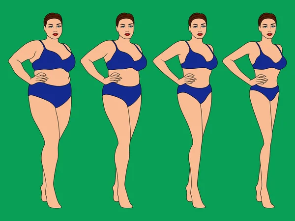 身着蓝色泳衣的女性在减肥的路上经历了四个阶段 以绿色为背景进行了隔离 — 图库矢量图片