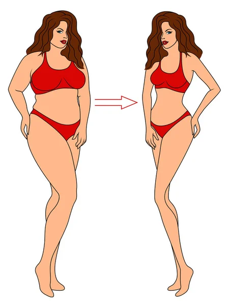 Mooie Vrouw Weg Gewicht Verliezen Rode Badmode Illustratie Geïsoleerd Witte — Stockvector