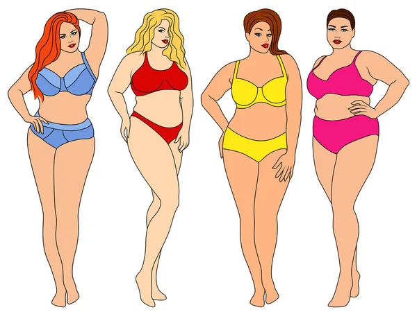 Four Charming Fat Women Colorful Underwear Isolated White Background Lingerie — Image vectorielle